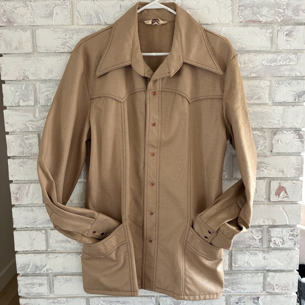 Vtg 70s Prior Westerns Denver Tan Faux Leather Pearl Snap Jacket Mens L
